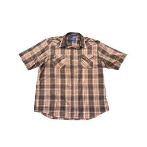 Pendleton Shirt Mens XL Plaid Short Sleeve Frontier Western Pearl Snap tan green